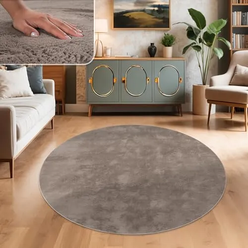Paco Home Teppich Wohnzimmer Kunstfell weich waschbar modern elegant pflegeleicht Felloptik Uni Seidenglanz flauschig Kurzflor, Grösse:Ø 100 cm Rund, Farbe:Taupe