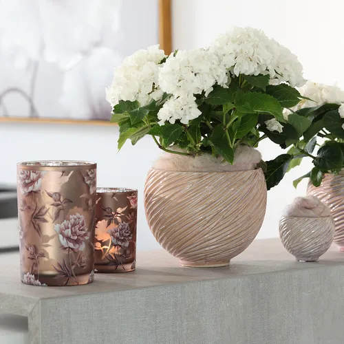 Windlicht Glas Braun Silber Rosa Pfingstrosen 18cm Dekoration - Schönes Windlicht aus Glas in Braun mit silbernen Akzenten und Pfingstrosen-Motiv. Ideal für Frühlingsdekoration und stimmungsvolle Beleuchtung. Maße: 12cm Durchmesser, 18cm hoch.