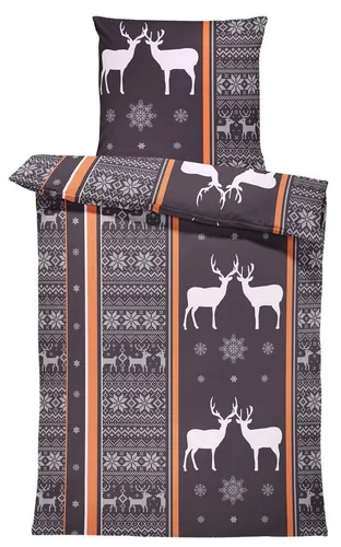 One Home Bettwäsche Rentiere, Biber, 2 teilig, Schneeflocken, kuschelig flauschig warm weich Baumwolle Winter