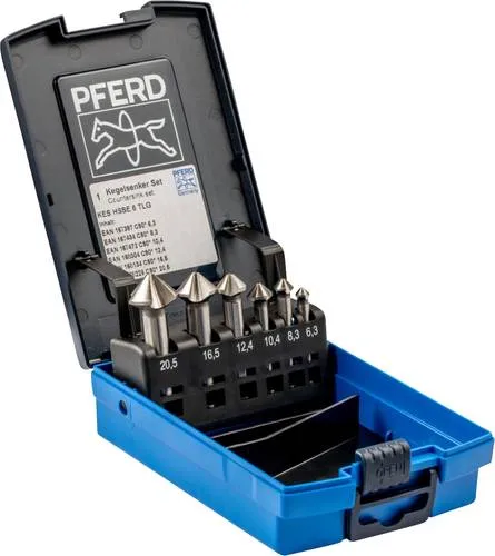 PFERD HSS-E Co5 Kegel-Entgratsenker-Set, 6-tlg. | 90° - Senker für präzises An- und Versenken von 90°-Schrauben, ideal für legierte Stähle und Edelstahl. Hohe Abtragsleistung und gratfreie Ergebnisse dank scharfer Dreischneider.