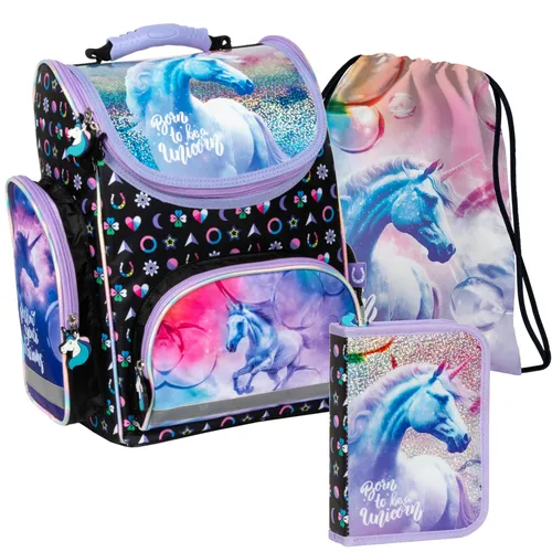3-teiliges Schulranzen-Set „Einhorn“ mit Federmäppchen und Tasche
