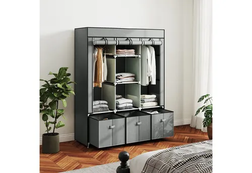 HOMCOM Stoffschrank mit Kleiderstangen, Schubladen, Reißverschluss (faltbarer Kleiderschrank, 1-St., Faltschrank) für Schlafzimmer, Hellgrau, 125 x 43 x 162,5