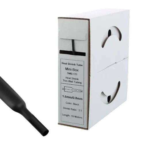 Offgridtec 10m Schrumpfschlauch mit Kleber 1,6mm auf 0,8mm Schrumpfrate, Dual-Wand, Halogenfrei, Flammhemmend, Wasserdichte Kabelisolierung, Leicht zu Schneiden, Inklusive Spenderbox, Schwarz