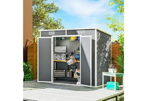 Outsunny Gerätehaus 2,54m², wasserdicht, mit Pultdach, mit Abschließbar Tür, Fenster, BxT: 238x125 cm, (Gartenhaus, 1 St., Geräteschuppen), aus Alu, für Hinterhof, Garten, Grau