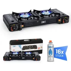 ZMC Gaskocher Doppel Campingkocher 2 Flammig - Campingkocher mit 2 Brennern und 2,3 kW Leistung, ideal für Outdoor-Abenteuer. Inklusive 16 Gaskartuschen und praktischem Tragkoffer für unterwegs.