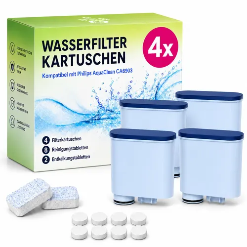 4x Ersatz-Wasserfilter für Philips AquaClean CA6903/10, komplettes Pflegeset für Philips & Saeco Kaffeevollautomaten, 2x Entkalker + 8x Reinigungstabs