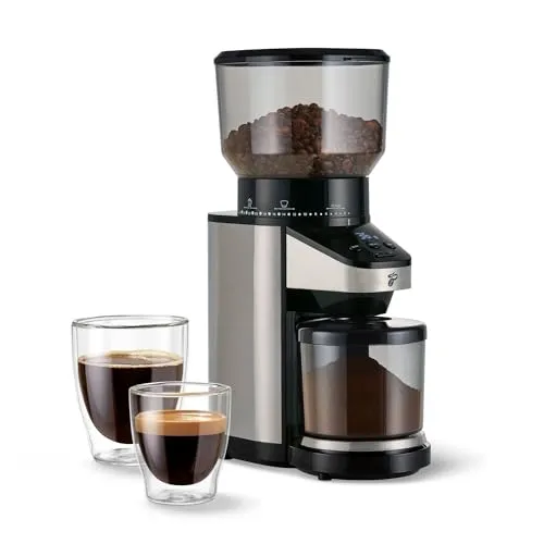 Tchibo elektrische Kaffeemühle, eingebaute Waage, Edelstahlmahlwerk, Kegelmahlwerk 26 Mahlgradeinstellungen, Schwarz/Silber