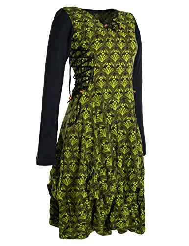 Vishes - Alternative Bekleidung - Langarm Damen Jersey-Kleid Blumenkleid Schnürung V-Ausschnitt Olive 42