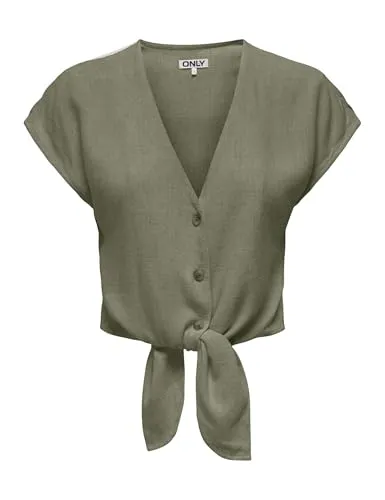 ONLY Damen Bluse 15322270 Deep Lichen Green L - Blusen & Tuniken für Damen, eleganter Viskose-Blend mit tiefem V-Ausschnitt und trendigem Knoten am Bund für einen lässigen, femininen Look.
