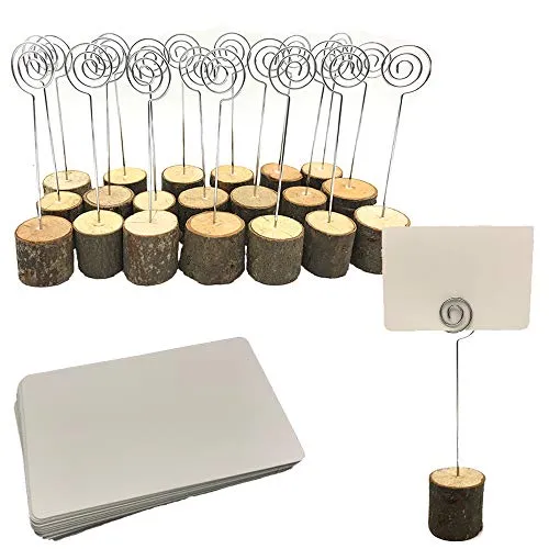 Aisamco 20 Holz Holzsteg Kartenhalter Platzkarte Tischkartenhalter Namesschild Fotohalter,30 Stück Naturkarton Blanko Kraftpapier Kraftkarton Tischkarten für Hochzeit Deko