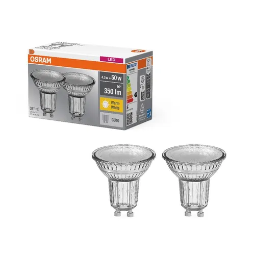 2er-PACK OSRAM LED BASE PAR16 GU10 LED Strahler 4,3W=50W 36° warmweiss GLAS