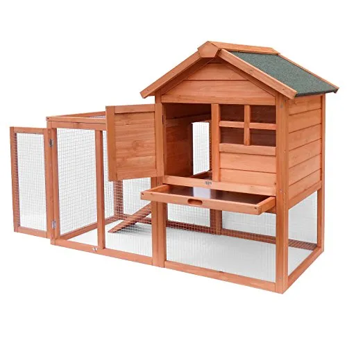 Wiltec Hasenstall 1220 x 630 x 920 mm mit Freilaufgehege und erhöhtem Unterschlupf aus Fichtenholz, Kaninchenkäfig mit 2 Etagen, Kleintierstall