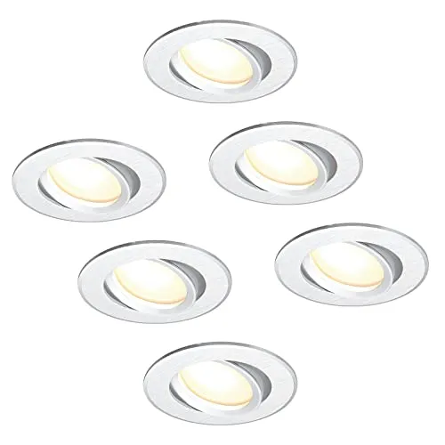 HCFEI 6er Set LED Einbaustrahler flach FLAT DIM 120°, 230V, 3W, Warmweiß 3000K, Einbauloch 68-75 mm, Silber gebürstet, Schwenkbar, Einbautiefe 25 mm