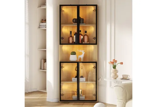 Merax Glasvitrine mit LED-Beleuchtung - Eleganter Vitrinenschrank in Eichenoptik - Moderne Glasvitrine mit integrierter LED-Beleuchtung. Perfekt für die stilvolle Präsentation von Büchern und Dekoration. Maße: 62x44x160 cm, belastbar bis 30 kg.