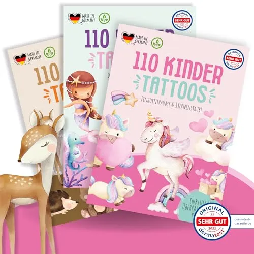 MeinBaby123® 330 hautfreundliche Kinder Tattoos für Jungs | 3er Set | Hauttattoos für Mädchen Einhörner, Feen, Meerjungfrauen & Tiermotive - vegan & in Deutschland hergestellt (3er Set Mädchen)