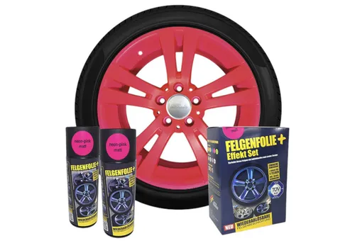 mibenco Felgenaufkleber Felgenfolie + Effekt Set 2×400 ml Neonpink – Sprühfolie für Felgen