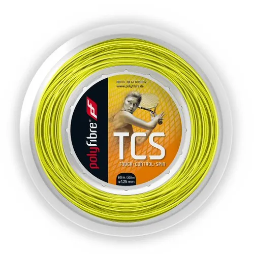Polyfibre Tennissaite TCS (Haltbarkeit+Touch) gelb 200m Rolle - Tennissaiten mit außergewöhnlichem Spin und Kontrolle durch spezielle Co-Polymer-Technologie. Erleben Sie doppelte Haltbarkeit und hervorragenden Touch bei jeder Besaitung.