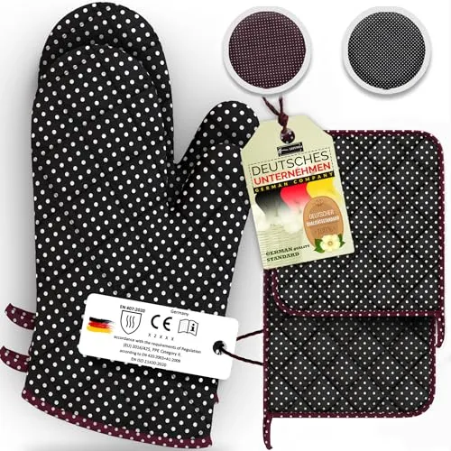 LEFUNDA® Ofenhandschuhe Topflappen 4er Set, Hitzebeständige Topfhandschuhe Baumwolle, Grillhandschuhe, Ofen Handschuhe zum Backen, Kochen, Grillen Kochhandschuhe Oven Mitts, Backhandschuhe (Schwarz)