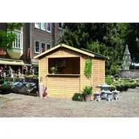 Karibu Gartenhaus Verkaufshaus 1 - Naturbelassen, 265x182 cm - Gartenhaus aus hochwertiger nordischer Fichte mit 19 mm Wandstärke, ideal für Verkaufsstände. Schneller Auf- und Abbau dank vorgefertigter Wandelemente und großer Verkaufsöffnung für optimale Produktpräsentation.