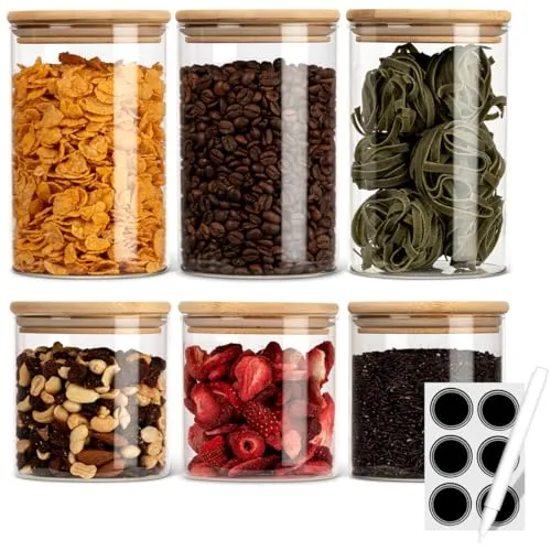classbach® Luftdichte Vorratsdosen - 6er Set mit Aufklebern - Praktisches 6er Set Vorratsdosen aus hochwertigem Glas (3x 600ml, 3x 1000ml) mit Bambusdeckel und Silikonring für luftdichte Aufbewahrung. Ideal für die Küche, um Lebensmittel geschmackvoll und sortiert zu lagern.