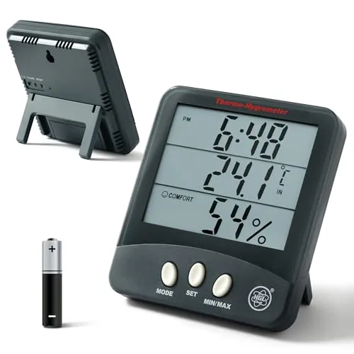 HGL-100 Thermometer & Hygrometer mit großer LCD Anzeige, Luftfeuchtigkeit Messgerät und Temperatur Messgerät für Raumklima mit Uhrzeit, Wecker und Datum