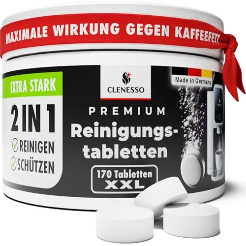 CLENESSO® 2-in-1 Reinigungstabletten Kaffeevollautomaten (170 Stück) – Kaffeevollautomat Reinigungstabletten kompatibel mit Siemens EQ Series, Jura, Krups, Sage, Melitta, Nivona, Phillips, WMF uvm.