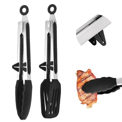27cm×2 Küchenzange Zangen Mit Klammer, Koch Zange mit Silikonspitzen und Edelstahlgriff, antihaftbeschichtete, hitzebeständige Zange zum Kochen, Buffet, Grill, Salatservieren (Schwarz)