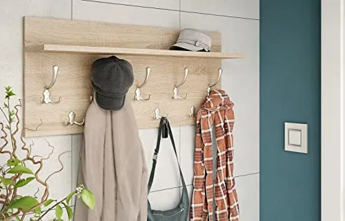 Design Garderobe 90 x 40 cm - Sonoma Eiche mit Edelstahloptik - Wandgarderobe in eleganter Kombination aus Sonoma Eiche und Edelstahloptik. Praktisch mit 23 Kleiderhaken und Hutablage für optimalen Stauraum.