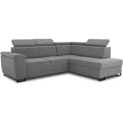 Ecksofa Natan mit Schlaffunktion und Kopfstützen - Sofa in L-Form mit Bettkasten und herausziehbarem Ausziehsystem, ideal für Gäste, in elegantem Grau und mit einstellbaren Kopfstützen.