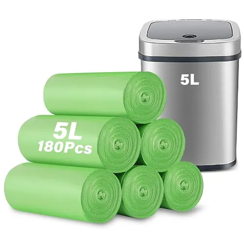 KOMABLEN 180 Stück Bio Müllbeutel 5l, 6 Rollen 2,6 Gallonen Tropfsichere Abbaubarer Müllsäcke, Grün Reißfeste Mülltüten Kompostierbare Recycelt für Haus, Küche, Wohnzimmer, Büro (45x50cm)