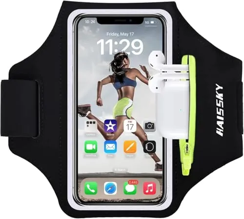 Sportarmband mit Kopfhörer- und Schlüsseltasche für iPhone 16 Pro Max - Armband für MP3-Player mit Reißverschlusstasche für wertvolle Gegenstände. Hohe Touch-Empfindlichkeit und verstellbarer Klettverschluss für sicheren Halt während des Trainings.
