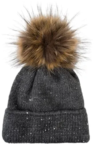 styleBREAKER Damen Strick Bommelmütze Dunkelgrau - Strickmütze für Damen mit Kunstfell-Bommel, Pailletten und warmem Fleece-Futter. Ideal für kalte Tage, bietet hohen Tragekomfort und ist in Einheitsgröße erhältlich.