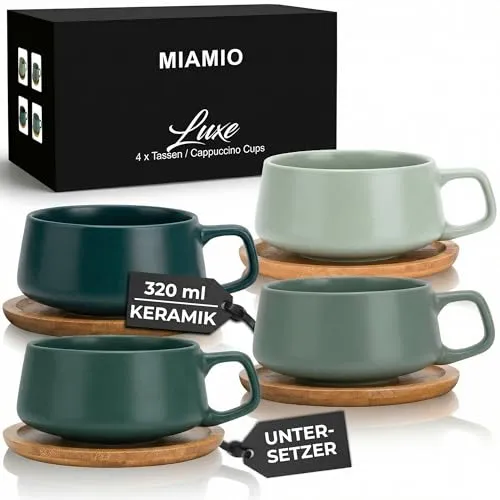 MiaMio Cappuccinotasse Luxe Collection, 8-tlg. - Elegantes Kaffeetassen-Set mit 4 stilvollen Bechern und Holzuntersetzern. Ideal für 320 ml Ihrer Lieblingsheißgetränke. Hergestellt aus hochwertiger Keramik, perfekt für jeden Anlass und spülmaschinenfest.