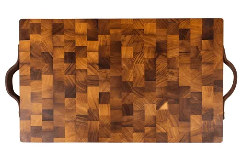 Sallys Schneidebrett aus Hartblock mit Büffelledergriff - Hochwertiges Schneidebrett aus Eichen- oder Kambalaholz, handgefertigt und antibakteriell, ideal für anspruchsvolle Köche.