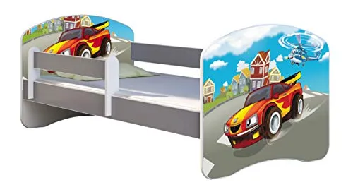 ACMA Kinderbett Jugendbett mit Einer Schublade und Matratze Grau mit Rausfallschutz Lattenrost II (03 Racing Car, 140x70)