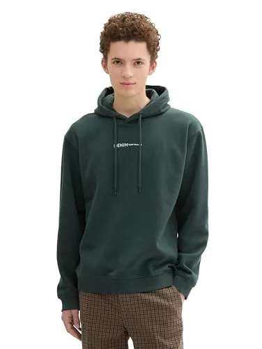 TOM TAILOR Denim Herren Hoodie Sweatshirt mit Logo-Print - Kapuzenpullover für Herren aus 50% Bio-Baumwolle, weich und warm dank aufgerautem Innenfutter. Regular Fit mit Kordelzug und Rippbündchen für optimalen Tragekomfort.