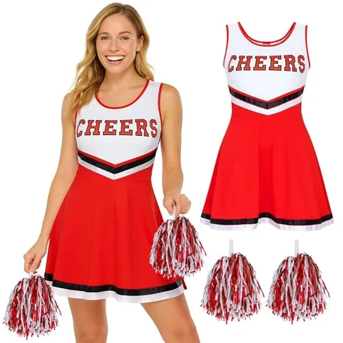 REDSTAR FANCY DRESS Cheerleaderkostüm Damen mit Pompoms – High School Outfit für Erwachsene – Perfektes Damen Kostüm für Karneval, Mottoparty oder Halloween – Verkleidung Cheerleader Style