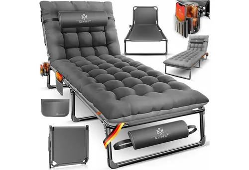 KESSER Campingliege - Klappbar mit Tragetasche und Nackenkissen - Betten - Strapazierfähige Campingliege bis 250 kg belastbar, ideal für Camping und Angeln, mit Getränkehalter für maximalen Komfort.