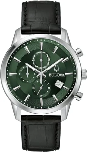 Bulova Herren Analog Classic Uhr 96B413 mit Lederarmband - Armbanduhren für Herren, stilvolle Herrenuhr mit grünem Ziffernblatt und hochwertigem Lederarmband, ideal für jeden Anlass.