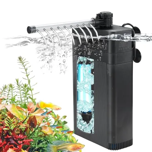 Aquarium Filter Innenfilter mit 5W UV Lampe, 3-Lagiger Filtration, Einstellbarer Wasserfluss 700L/H Aquarium Filterpumpe für 120l ~ 180l Süßwasser oder 70l ~ 100l Salzwasser Aquarien, TU-700(700L/H)