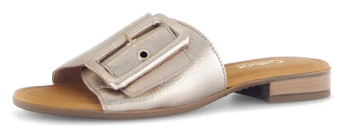GABOR RHODOS Pantolette, Damen, Gr. 38, gold - Stylische Pantolette von GABOR aus hochwertigem Ziegenleder. Komfortabel in Weite G mit gepolsterter Innensohle und elegantem Blockabsatz – der perfekte Sommerschuh für jeden Anlass!