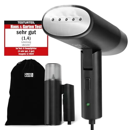 LEBENLANG Steamer Dampfglätter Reise - Kompakt & Faltbar - Dampfglätter für Kleidung mit 900W, ideal für Reisen. Inklusive Reise Zubehör wie Bügelhandschuh und Reisetasche. Schnelles Dampfglätten ohne Bügelbrett, hygienisch und effektiv!