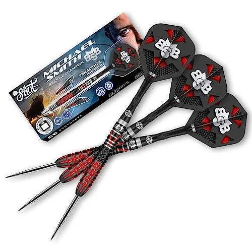 Shot! Steel Darts Michael Smith Bully Boy Tenacious 90% Tungsten Steeltip Darts Steeldart Hochwertige Tungsten Dartpfeile Set mit Schäften und Flights Made in Neuseeland (24 Gramm)