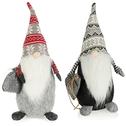 com-four® 2X Premium Weihnachts-Wichtel - Zwerge als winterliche Dekoartikel - schwedische Kantenhocker mit Strickmütze - skandinavisches Wichtelpaar (2X - grau/weiß/rot)
