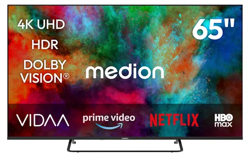 MEDION 65 Zoll Smart-TV mit Dolby Vision HDR - Erleben Sie brillante Farben und Kontraste auf dem eleganten 163,9 cm UHD Smart-TV von MEDION. Genießen Sie zahlreiche Streamingdienste und eine intuitive Bedienung durch den VIDAA App Store. Perfekt für Ihr Wohnzimmer!