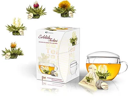 Creano ErblühTeelini Teeblumen Geschenkset mit Teeglas - Tee-Set mit 8 Teeblumen und Glastasse, bietet ein einzigartiges Teeerlebnis mit kunstvoll eingebundenen Blüten und einfachem Handling wie ein Teebeutel.