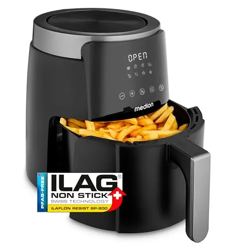 MEDION P40 L Heißluftfritteuse - 4,7 Liter Airfryer, 1500 Watt - Heißluftfritteusen mit 100 Rezepten in der Life+ App, ölfreies Frittieren und 360° Wärmezirkulation für knusprige Ergebnisse.