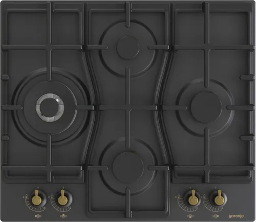 Gorenje GW6D42CLB Gaskochfeld, Schwarz - 4 Zonen mit Wokbrenner - Kochfeld, integriert, 60 cm, gusseisern, mit einer speziellen rautenförmigen Anordnung für optimale Sicht und Platz für große Töpfe. Einhandzündung für zusätzlichen Komfort.