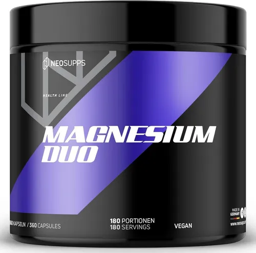 Neosupps Magnesium Duo 360 Kapseln – Hochwertiger Magnesiumkomplex - Magnesium Duo – 360 Kapseln mit Citrat und Bisglycinat für optimale Bioverfügbarkeit. Unterstützt die Muskel- und Nervenfunktion sowie den Energiestoffwechsel. Ideal für eine ausgewogene Ernährung, vegan und ohne Zusatzstoffe.