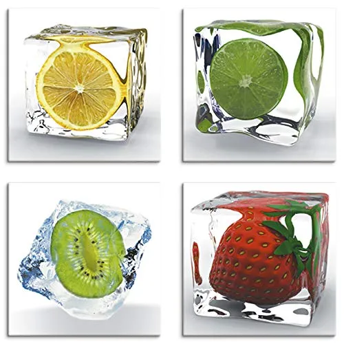 ARTland Wanddeko Küchenbilder Leinwand Bilder Set 4 teilig je 30x30 cm Quadratisch Wandbilder Obst Früchte im Eiswürfel S6MF